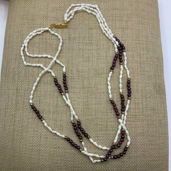 Freshwater Seed Rice Pearl Garnet Beads Multi Strands Vintage Necklace - Picture 2 of 8